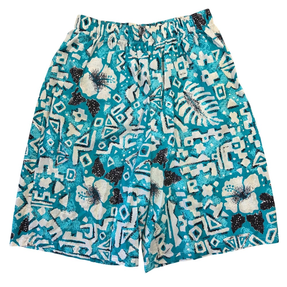 Jessica Scott Sport Vintage 90s Teal Abstract‎ Tropical Shorts High Waist Retro